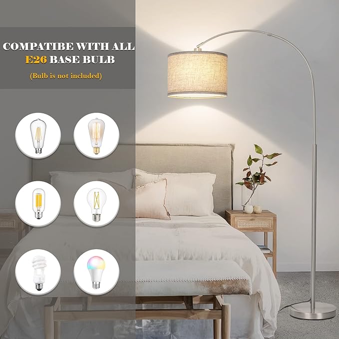 Arc Floor Lamp, Modern Floor Lamp for Living Room with Adjustable Head, Tall Pole Lamp with On/Off Pedal Switch, Over Couch Arched Tall Standing Light for Reading, Bedroom, Office (Silver)