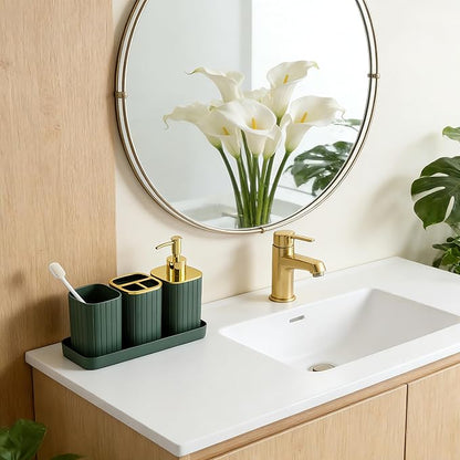 Bathroom Accessories Set-9PC Set, Complete Bathroom Decor & Home Decor, Bathroom Set with Toilet Brush, Trash Can, Soap Dispenser,Modern Home Bath Essentials (Green&Gold, Bath Set)