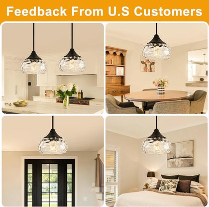 Modern Pendant Lights Kitchen Island, Matte Black Pendant Light Fixtures with 8.5" Clear Hammered Glass Shade, Industrial Hanging Pendant Lights Fixture for Kitchen Island Dining Room Entryway 1 Pack