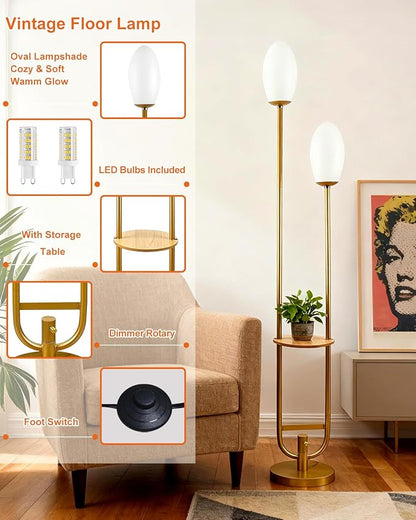 Lightdot Gold Dimmable Floor Lamp with Oval Shades, Unique U-Shaped Tall Standing Lamps with Table& Bulbs Included, Mid Century Modern Floor Lamp for Living Room/Wedding/Party/Sofa Beside/Corner Decor