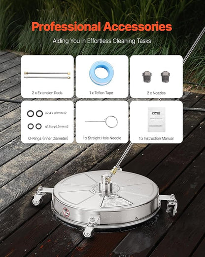 VEVOR 18" Pressure Washer Surface Cleaner, Stainless Steel Pressure Washer Attachments with 4 Wheels, 4000 Max PSI, 1/4 Quick Connector, 2 Spray Nozzles, 2 Extended Wands for Concrete, Patio, Deck