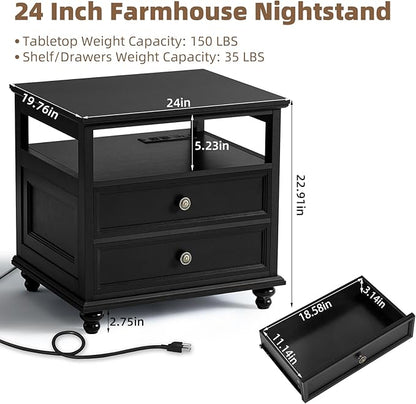 Farmhouse Furniture Set, Nightstands Set of 2 and 7 Drawers Dresser for Bedroom, 54 Inch Wide Wood Dresser and 24" Night Stands with Charging Station for Bedroom, Living Room, Hallway