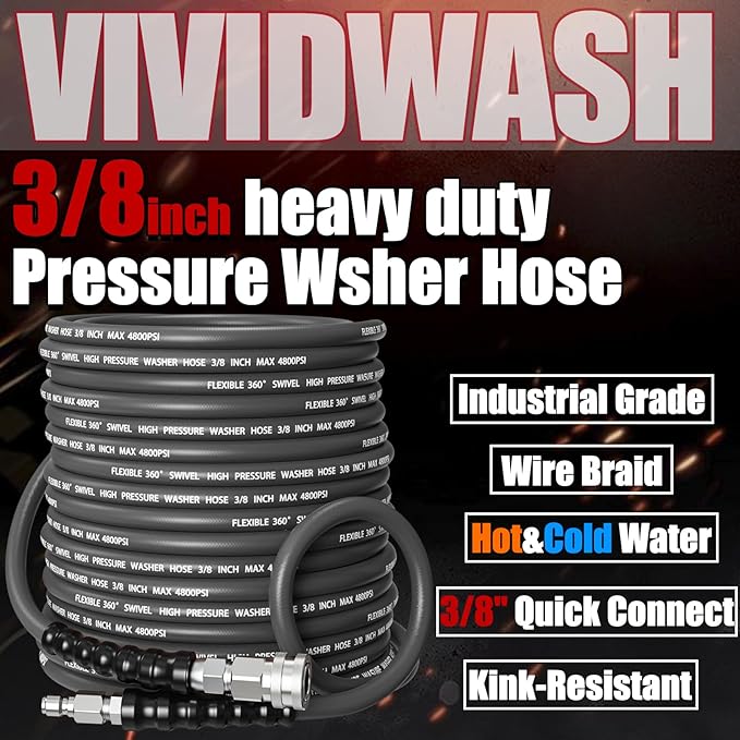Kink-Resistant 3/8" Pressure Washer Hose 4800PSI(50FT),Steel Wire Braided Wear Resistant Rubber for Commercial, Industrial and Residential Use,Hot&Cold Water Hose with 3/8" Quick Connect