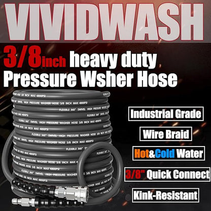 Kink-Resistant 3/8" Pressure Washer Hose 4800PSI(50FT),Steel Wire Braided Wear Resistant Rubber for Commercial, Industrial and Residential Use,Hot&Cold Water Hose with 3/8" Quick Connect