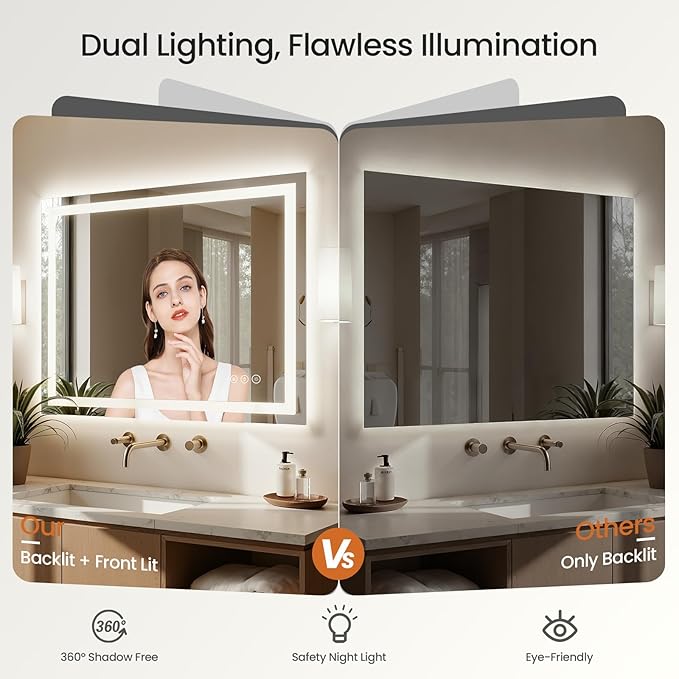 20X28 LED Bathroom Mirror with Lights, Anti-Fog, Dimmable - Lighted Bathroom Vanity Mirror with Front & Back Light, 3 Color Temperatures, Memory Function, Tempered Glass (Horizontal/Vertical)
