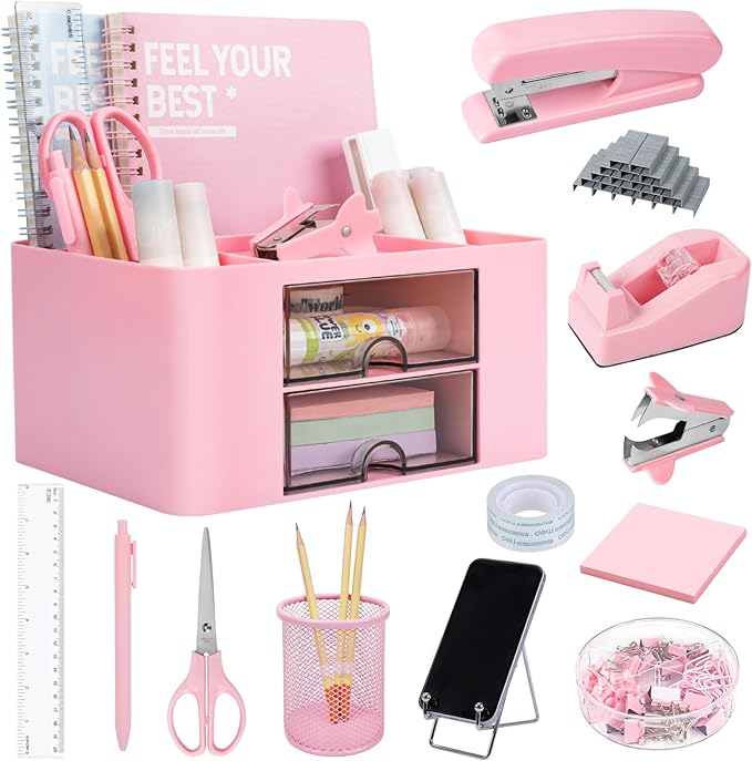 Pink Desk Organizers and Accessories 12+1Pcs, Office Supplies for Desk, Pen Organizer with 2 Drawers with Stapler,1000 Staples, Phone Holder, Tape Dispenser, Pen Holder, Sticky Note, Clips, Ruler,Etc