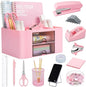 Pink Desk Organizers and Accessories 12+1Pcs, Office Supplies for Desk, Pen Organizer with 2 Drawers with Stapler,1000 Staples, Phone Holder, Tape Dispenser, Pen Holder, Sticky Note, Clips, Ruler,Etc