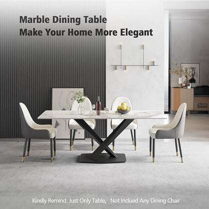 Modern Rectangle Marble Dining Table,63" Antique White Marble Sintered Stone Top Dining Table,Rectangle Dining Room Table with X-Shape Carbon Steel Pedestal Table for Kitchen/Living Room(Table Only)