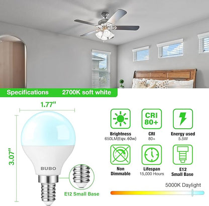 BUBO Ceiling Fan Light Bulbs 60 Watt Equivalent, E12 LED Bulb Daylight White 5000K, 5.5W Small Base LED Light Bulbs, A15 Candelabra Base Bulb, 120V, 650LM, Non-Dimmable, 20 Pack