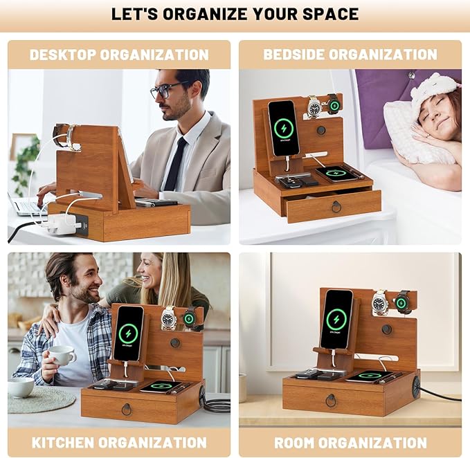 Wood Phone Docking Station with USB Ports and Outlets, Nightstand Organizer with Charging Station, Bedside Organizer with Drawer for Watch & Accessories, Christmas Anniversary Birthday Gifts for Men
