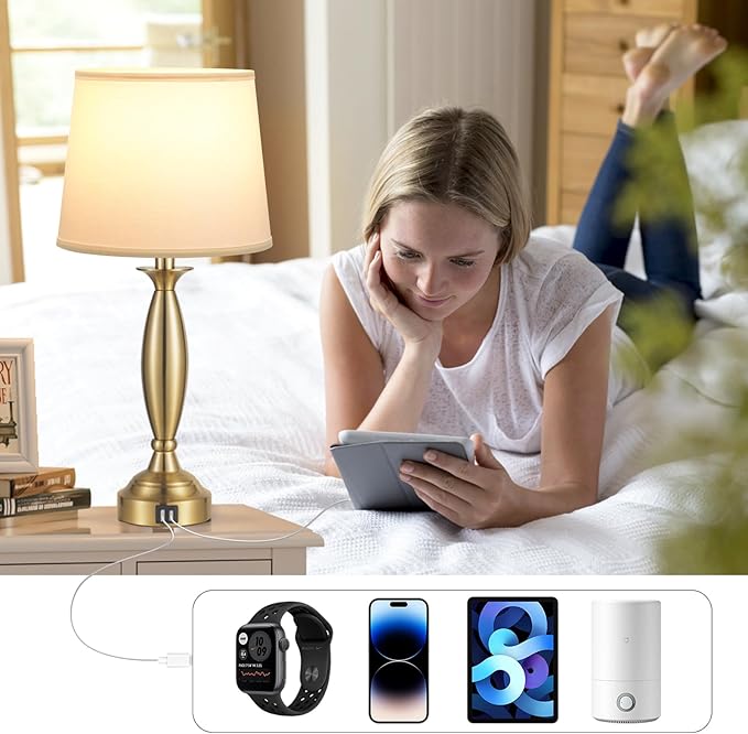 White Gold Lamps for Bedrooms Set of 2 - Touch Control Bedside Lamp with USB C+A, 3 Way Dimmable Nightstand Lamps with USB Port, Table Lamp for Living Room(White Shade and Gold Base)