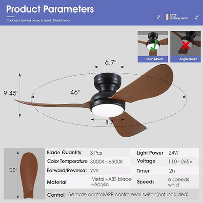 46 Inch Modern Ceiling Fans with Lights, Flush Mount Ceiling Fan, Remote/APP Control, 3 Reversible Curved Blades, 6 Speeds, 3 CCT Dimmable LED Lights for Living Room Bedroom, Brown