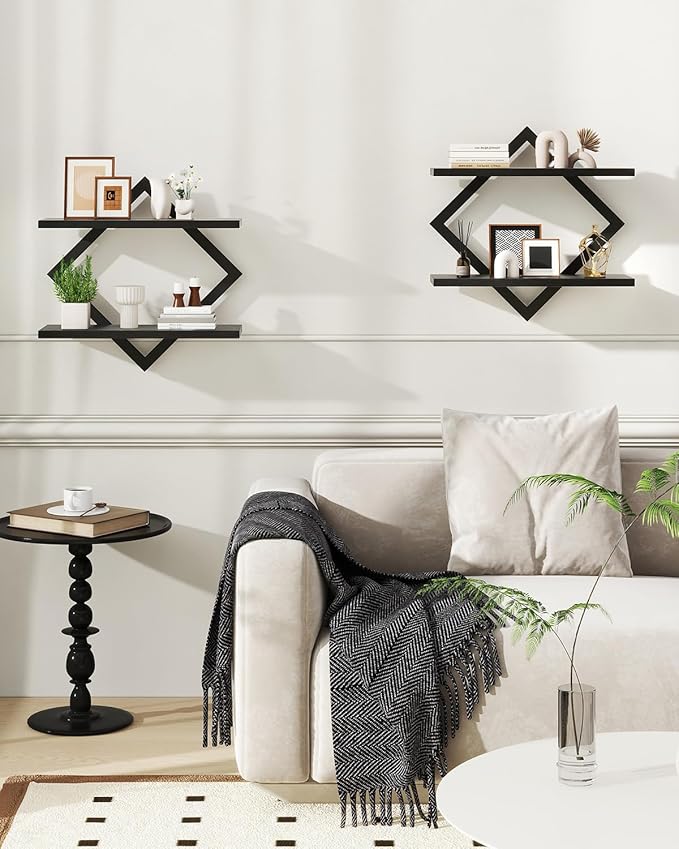 IBUYKE Floating Shelves,15 Inch Wall Shelf Set of 2,Wall Mounted Shelves,2 Tier Hanging Decorative Storage Shelf for Living Room, Bedroom, Bathroom, Kitchen TFS003B-2