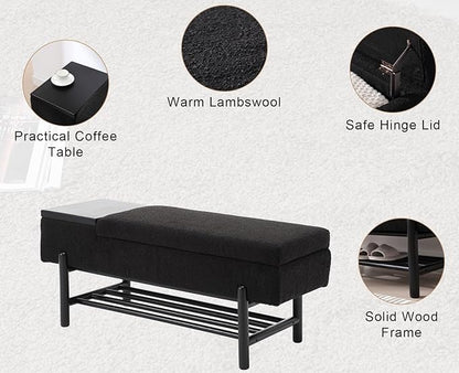 Modern Entryway Storage Bench, Upholstered Shoe Ottoman Bench, Sherpa Flip-Top End of Bed Bench with Wood Shelf/Coffee Table for Living Room/Bedroom/Hallway/Under Window,46.5 Inches,Black Fur