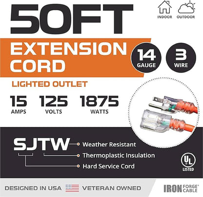 Iron Forge Cable Weatherproof 50 Ft Outdoor Extension Cord - 14/3 SJTW 15 Amp Heavy Duty Orange Extension Cord 3 Prong - Lighted End