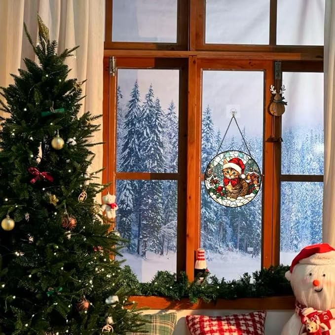 Stained Glass Window Hanging - Cat and Snowy Day Christmas Suncatcher fof Garden Home Decor for Women Mon Grandma Friends