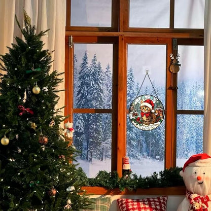 Stained Glass Window Hanging - Cat and Snowy Day Christmas Suncatcher fof Garden Home Decor for Women Mon Grandma Friends