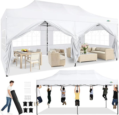 COBIZI 10x20 Pop up Canopy Heavy Duty with 6 Sidewalls, Easy Set-up Commercial Outdoor Party, 100% Waterproof Wedding Canopy Gazebo, 3 Height Adjustable with Wheeled Bag,White