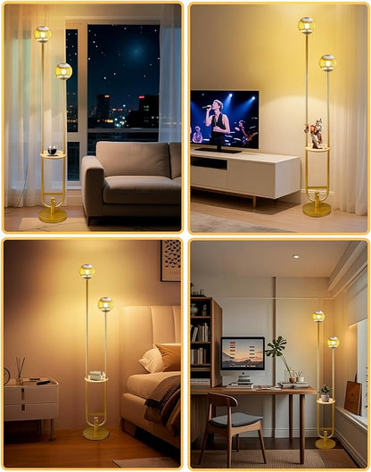 Lightdot Glass Floor Lamp with Tray, 2Pcs 3000K Warm White Bulbs Included, Mid Century Modern Standing Lamps, Gold Dimmable Globe Floor Lamp for Living Room/Wedding/Party//Sofa Beside/Corner Decor