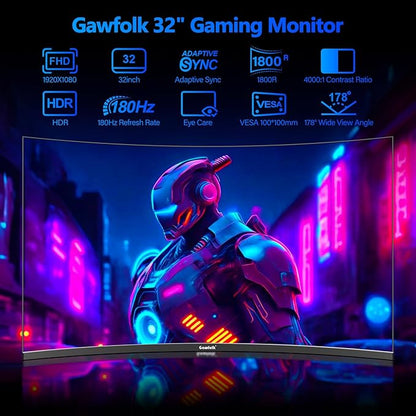 Gawfolk 32 inch Gaming Monitor 1800R Curved Computer Monitors 165HZ / 180HZ PC Monitors VA Screen for Home, Office and Dormitory, FHD 1080P Computer Monitor Support HDMI & DP