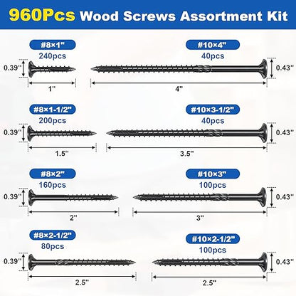 960Pcs Deck Screws, #8#10 Wood Screws Assortment Kit, 8Sizes Assorted Screw Set, Rust Resistant Torx Screws with Flat Head, Black Screw Kit for Woodworking Projects, Star Bit Included