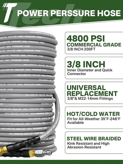 3/8" 4800PSI Pressure Washer Hose 200FT with Swivel Quick Connect for Cold/Hot Water Max 248°F, Kink Resistant Steel Wire Braided, Wear Resistant Power Washer Hose with M22 14mm Adapter