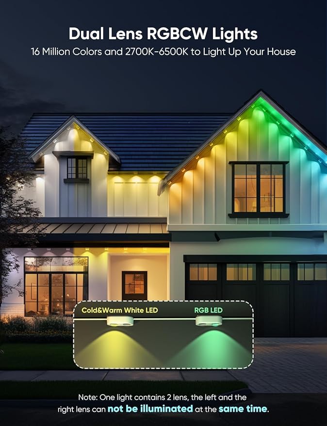 APPECK Permanent Outdoor Lights Pro 150ft, 108W RGBCW Eaves Light with 108 LED Lights, 80lm, Cuttable, 111 Scene Modes, IP67 Waterproof Lighting for Halloween Decoration, Compatible with Alexa, Black