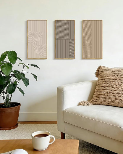KUVIOKE Boho Minimalist Abstract Framed Wall Art Modern Line Wall Decor Geometric Artwork Kitchen Dining Room 8x16in3pcs Natural Framed