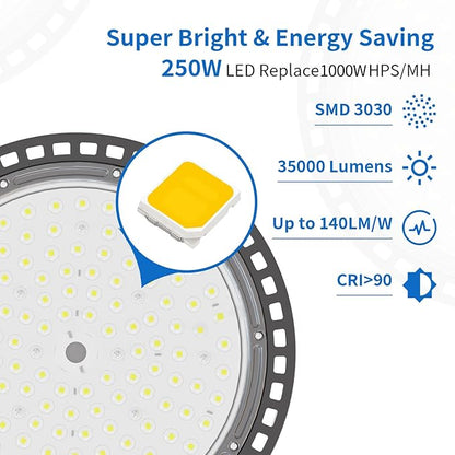 6 Pack UFO LED High Bay Light 250W, 35000 LM, 5000K with 5ft Power Cord, US Plug, Bright LED Shop Light for Basement Commercial Factory Garage Lighting, IP66 Waterproof, AC110-277V, ETL Listded