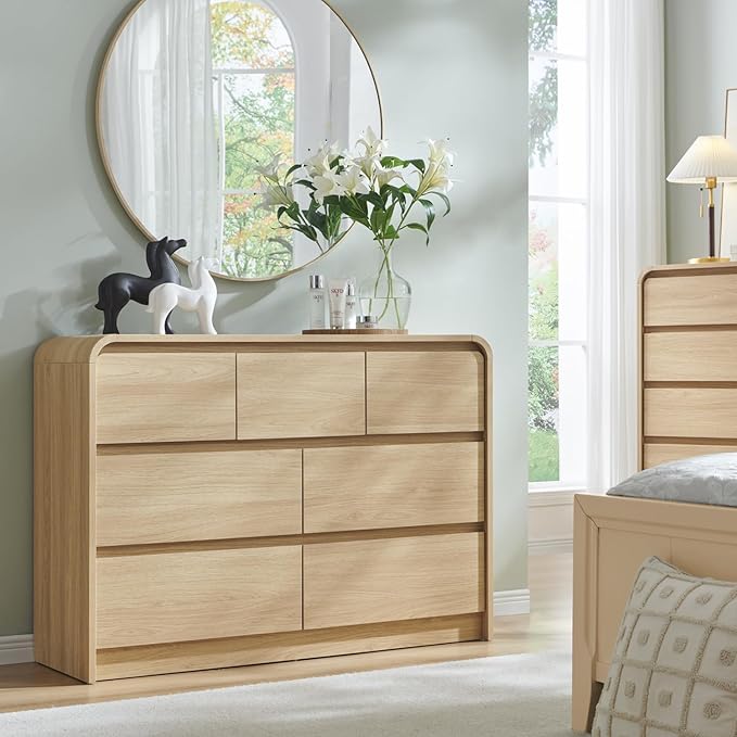 Modern 7 Drawers Dresser for Bedroom, 47" Wide Wood Dressers & Chests of Drawers w/Curved Profile Design, Mid Century Modern Dresser w/Natural Texture for Bedroom, Living Room, Natural Oak