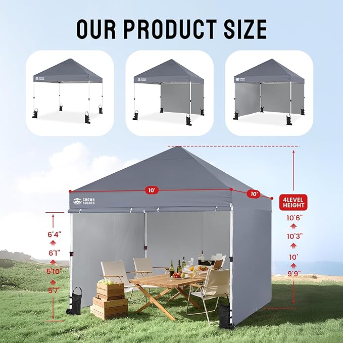 CROWN SHADES 10x10 Pop Up Canopy Tent Instant Commercial 1-Person Setup Patended Centerlock with 400D Fabric, 4 Sidewalls, 4" Wheels, 4 Upgraded Weights, Sto'N Go Bag, Gray