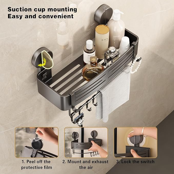 VOLPONE Shower Caddy Suction Cup No Drilling Suction Cup Shower Shelf Heavy Duty Bathroom Shower Organizer Storage Rack Adhesive with Towel Bar Hooks (3-Pack, Matte Gray)