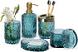 EMPO 6PCS Bathroom Clear Glass Accessories Set (Lotion Soap Dispenser, Soap Dish, Toothbrush Holder, Tumbler, Cotton Swab Jar), Contemporary Modern Decor Crystal Vintage Gift (6pcs Ocean Teal Blue)