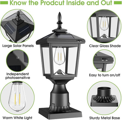 Greluna Solar Post Light with Pier Mount Base, 3000K Dusk to Dawn Lamp, Waterproof Outdoor Garden Yard Landscape Lighting, Decorative Pillar Light