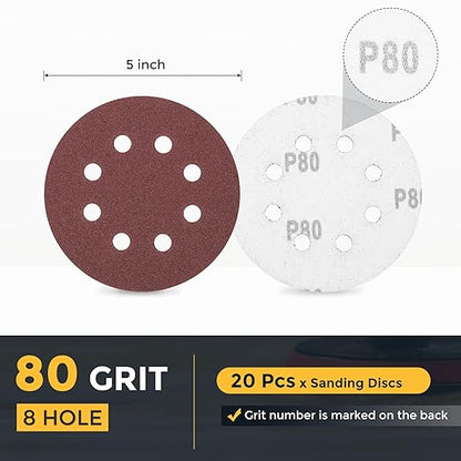 HARFINGTON 20 Pcs 5 Inch Sanding Discs, 80 Grit Hook and Loop Sandpaper, 8-Hole Aluminum Oxide Orbital Sander Sandpaper for Woodworking Automotive Metal Polishing, Red