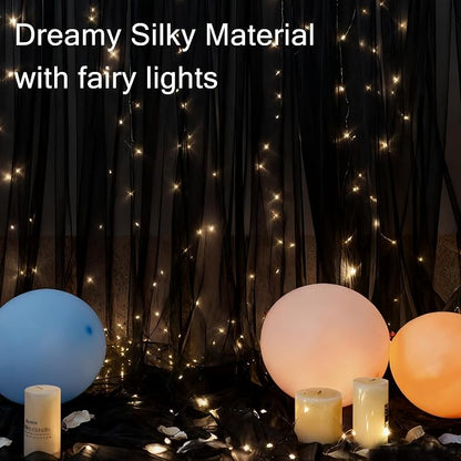 Black Tulle Backdrop Curtain with Lights Strings, Elegant Sheer Photo Backdrop Drapes, Soft Fabric Curtain for Weddings Brithday Parties Photography Background Decor, 10ftx8ft