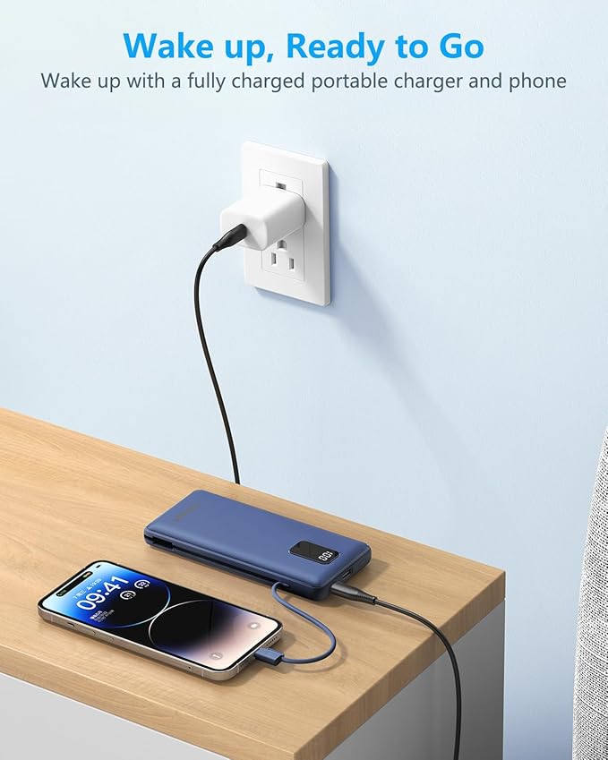 charmast Portable Charger with Built-in Cables and Plug, 10000mAh USB C Power Bank Fast Charging, External Battery Pack Slim, Travel Essentials Compatible with iPhones, Samsung Galaxy, iPad