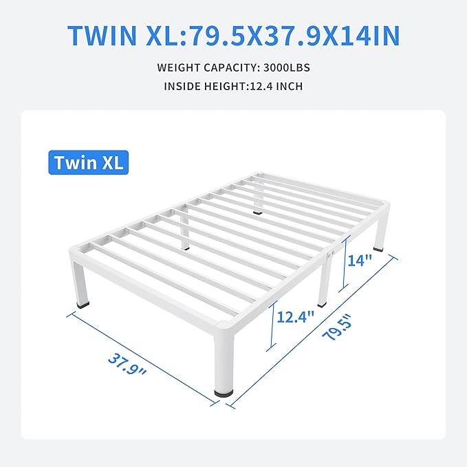 MAF 14 Inch Twin XL Metal Platform Bed Frames White with Round Corner Legs, 3000 LBS Heavy Duty Steel Slats Support, Noise Free, No Box Spring Needed, Easy Assembly