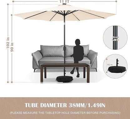 Sundale Outdoor Olefin 5-Year-Non-Fading Solar 104 LED 11FT Solar Patio Umbrella with Sand Bag Base, Outdoor Umbrella with Tilt and Crank, Beige