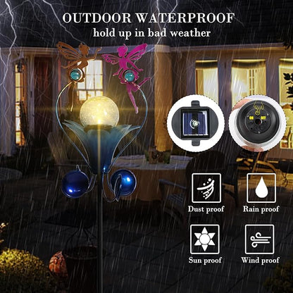 VCUTEKA Solar Lights Outdoor Metal Garden Stake Waterproof Crackle Glass Globe Garden Decor Fairy for Pathway, Lawn, Patio, Yard