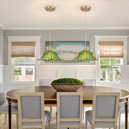 Battery Operated Pendant Light,Green Chandelier 2500mAh RGB Light Bulb 11in Vintage Light Fixtures with Remote Control Wireless Adjustable Rechargeable Chandelier for Kitchen Island Hallway 2pack