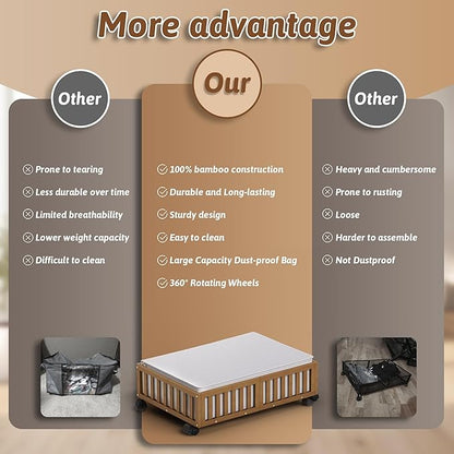 Under Bed Storage Containers with Wheels, 2 Pack Bamboo Under the Bed Shoe Storage Bins, Wood Rolling Underbed Drawers Organizer for Bedroom, Closet Clothes Blanket Comforter Under Crib Toy Walunt