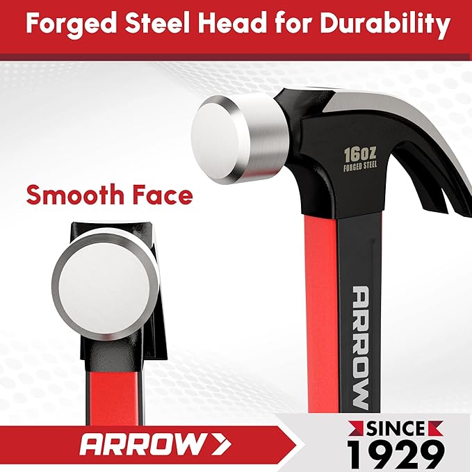 ARROW 16oz Claw Hammer with Shock-Absorbing Fiberglass Handle, Smooth Face and Forged Steel Head, Curved Claw Hammer for Carpentry and General Purpose