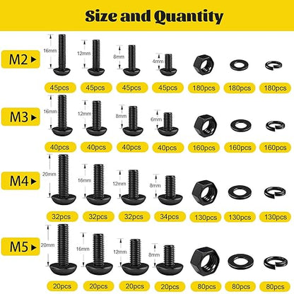 2200PCS M2 M3 M4 M5 Metric Screws Assortment Kit, Hex Socket Button Head Assorted kit, Machine Screw Set with Nuts & Washers,10.9 Alloy Steel Black Zinc Plated for 3D Printing