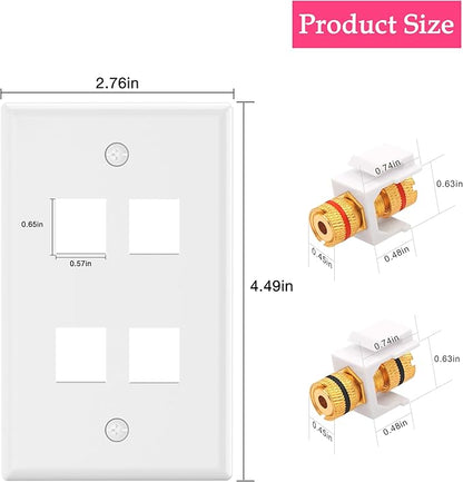 VCE UL-Listed Speaker Wall Plate Gold-Plated, 4-Port Keystone Wall Plate with Banana Jack Binding Post Keystone Jack Insert, 2 Pack