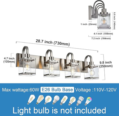 Brushed Nickel Bathroom Light Fixtures, 4 -Light Vanity Lighting Fixture Over Mirror with Clear Glass Shade Wall Sconce Lighting for Mirror Kitchen Living Room Bedroom Hallway