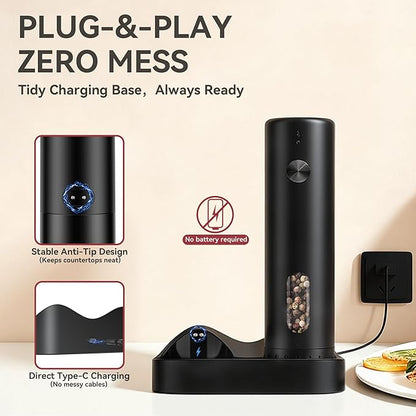 Electric Salt and Pepper Grinder Set with Rechargeable Base, Refillable Pepper Mill Set with LED Light & Adjustable Coarseness, Ideal for Kitchen, Outdoor, BBQ & Gift Giving