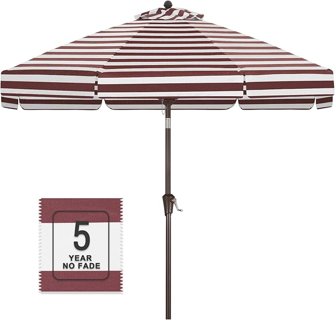 MASTERCANOPY 9ft Olefin Valance Patio Umbrella with Tilt Crank, 5-Year-Non-Fading Canopy & 8 Fiberglass Ribs for Deck, Patio, and Garden, Burgundy & White