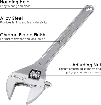 Olympia Tools 24" Adjustable Wrench, Heavy Duty Drop Forged Steel, Chrome Plated, Precision Machined Jaws, Rust Resistant