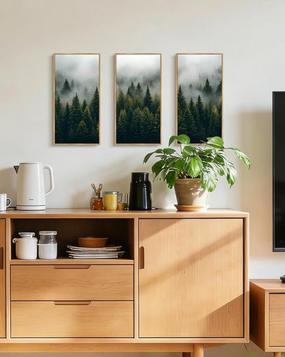 KUVIOKE Nordic Forest Wall Art Framed Misty Pine Tree Modern Prints Ready To Hang for Bedroom 8x16in3pcs Natural Framed